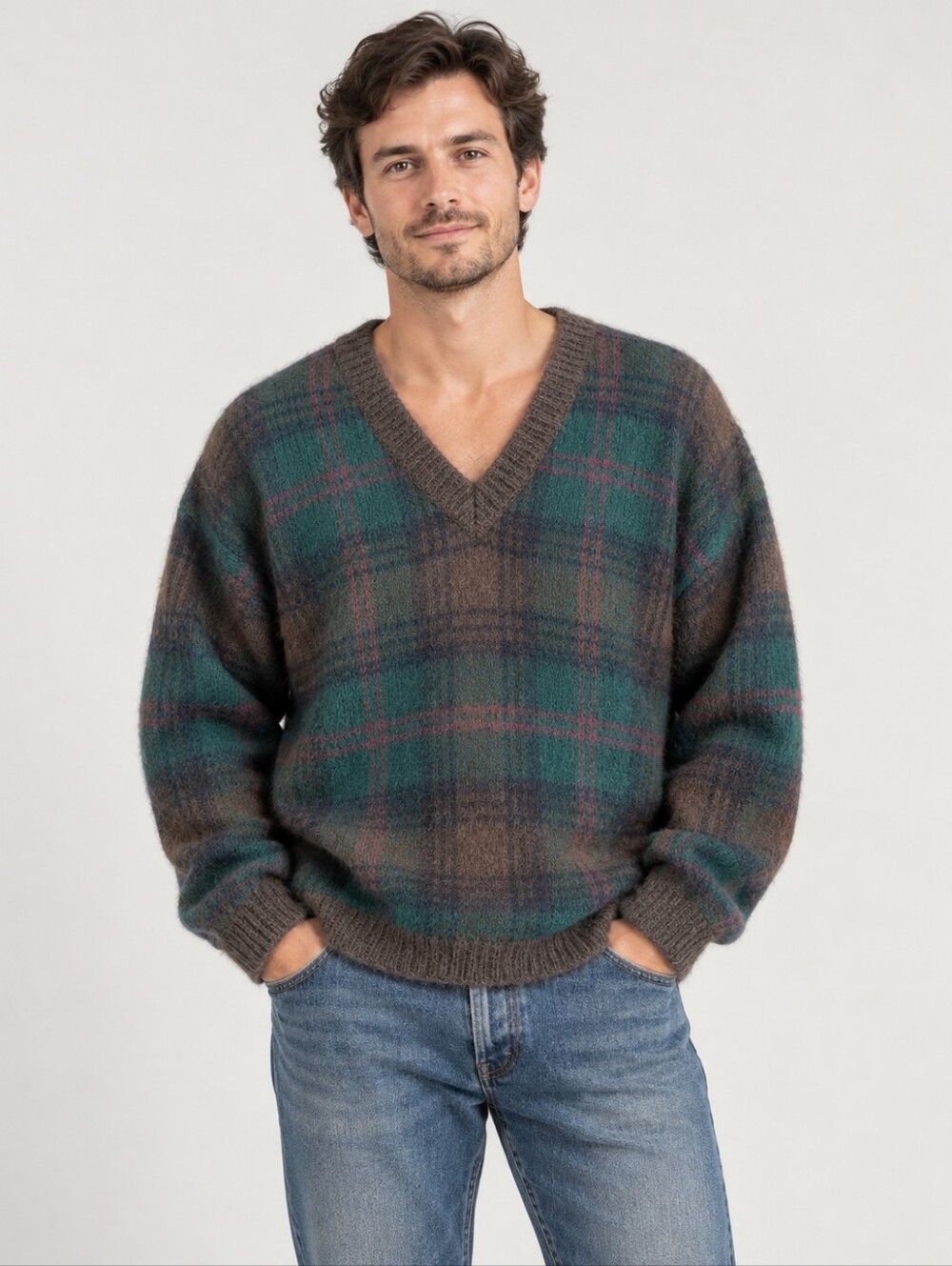 Vintage Paul Harris Men’s L Mohair Wool Plaid V Neck Sweater Brown Oversized